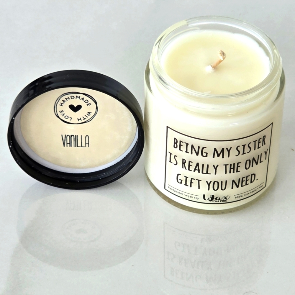 NWT Sister-Themed Candle - Vanilla Scented Candle with Black Lid - Picture 2 of 2